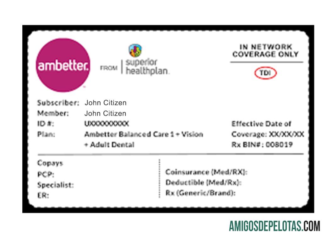 Cartão de seguro saúde Ambetter Health dos EUA exemplo